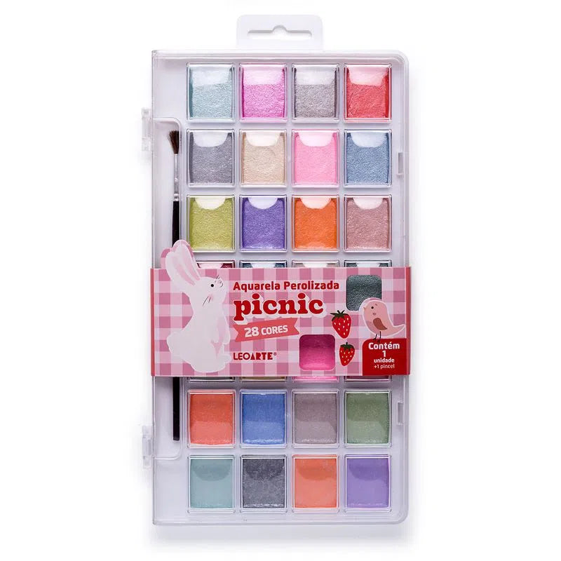 Aquarela Leoarte Perolizada Picnic - 28 Cores - Estojo + Pincel