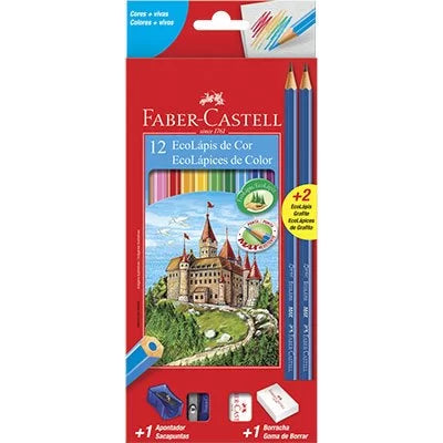 Lápis de Cor Faber-Castell 12 Cores, Kit com Apontador, Borracha e 2 EcoLápis Grafite