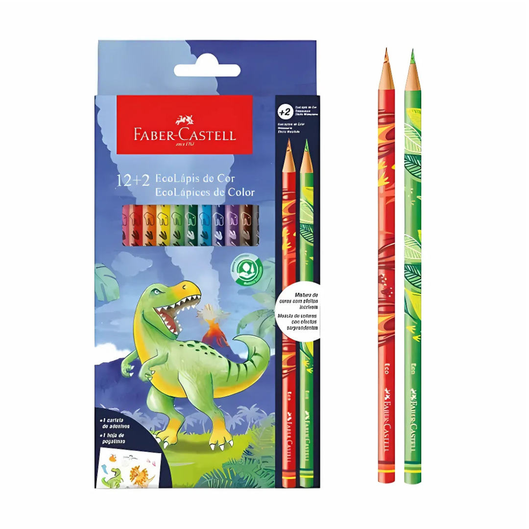 Lápis de Cor Faber-Castell 12 cores+ 2 Misturinha Dinossauro