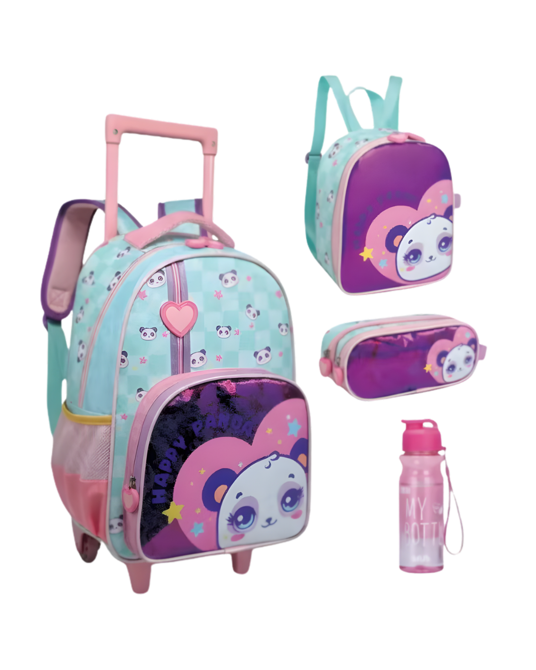 Kit Escolar Infantil Mochila Lancheira e Estojo Panda Holográfico