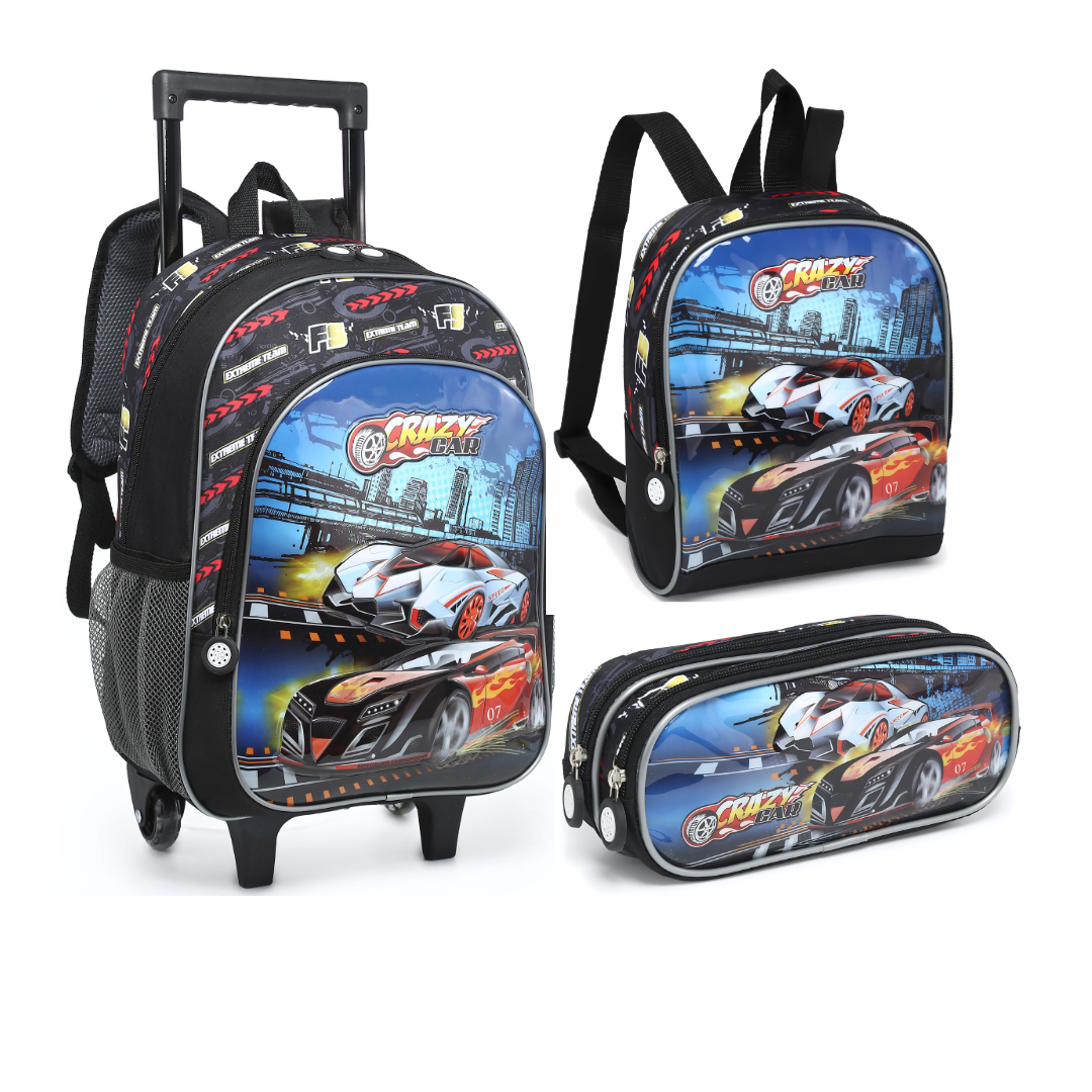 Kit Mochila Crazy Car 3 peças- Nova Rio