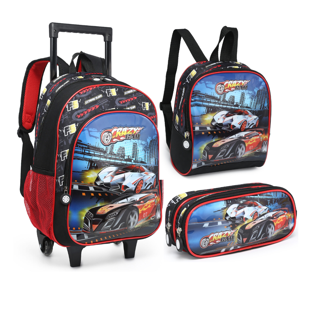 Kit Mochila Crazy Car 3 peças- Nova Rio