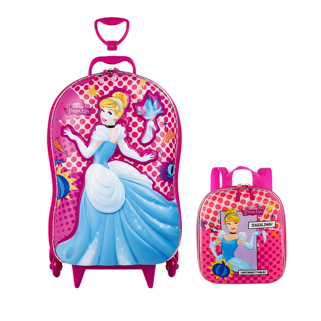 Kit Diplomata Cinderela Rosa Mochila com Rodas e Lancheira