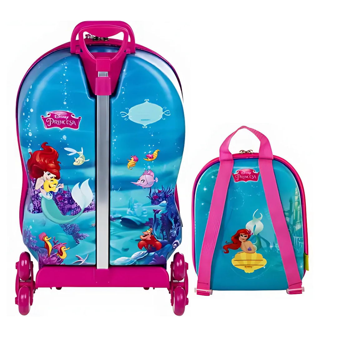 Kit Mochila Rodinha Tripla com Lancheira Pequena Sereia Ariel 3D - Diplomata