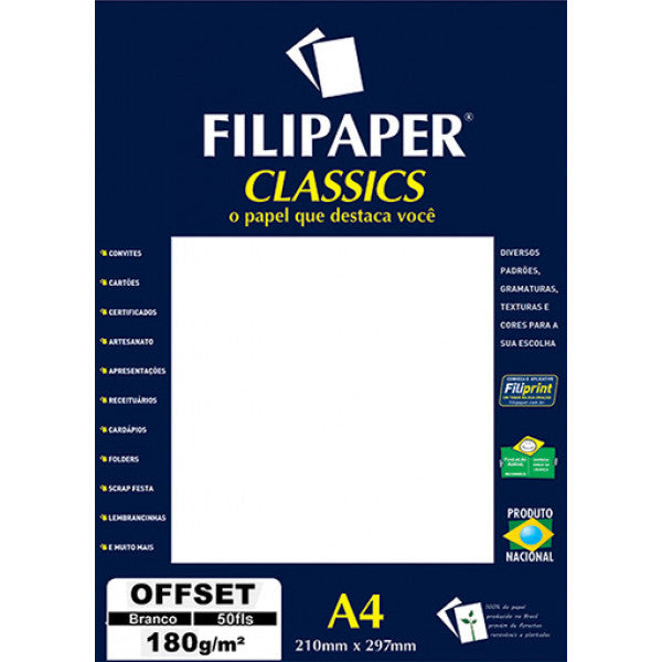 Papel Classics offset  A4 180g/M² Branco 50 Folhas Filipaper