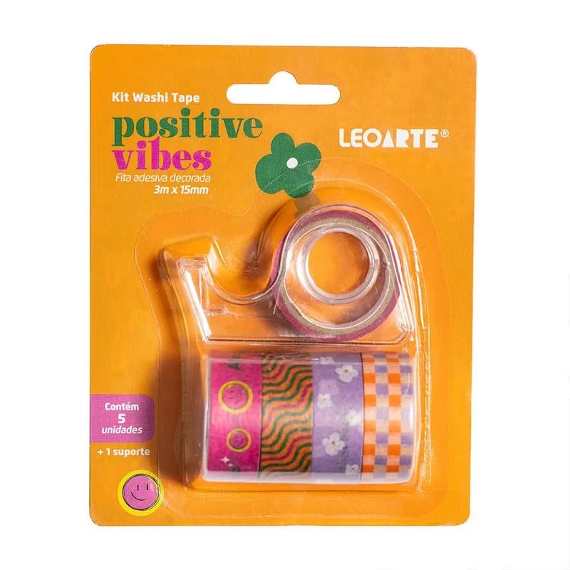 Kit Washi Tape Positive Vibes C/5 Und + 1 Suporte Leo Arte