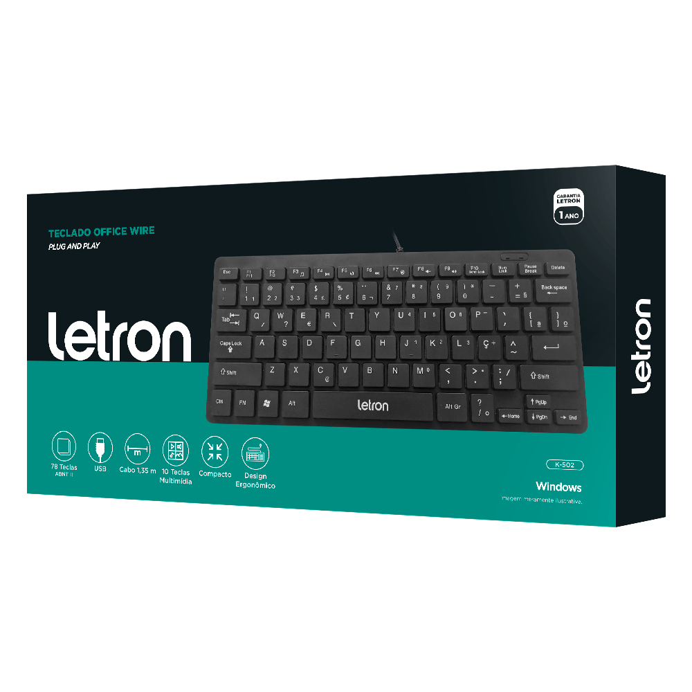 Teclado Office Wire Letron Ergonomico Preto