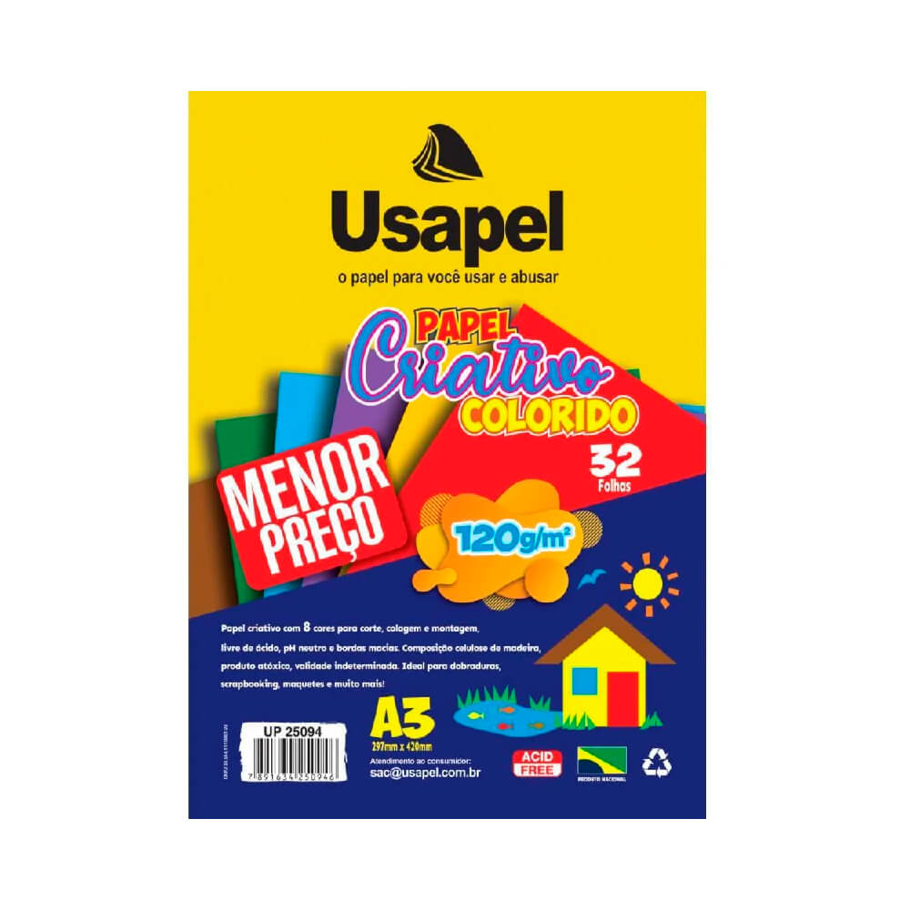 Papel Criativo Colorido A3 8 Cores 32 Folhas 120g Usapel