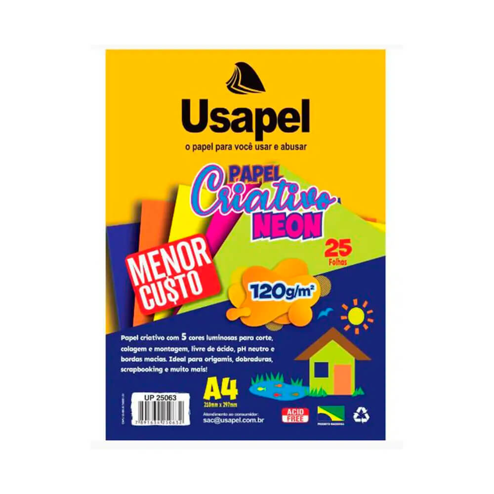 Papel Criativo Neon 5 Cores 25 Folhas 120g Usapel