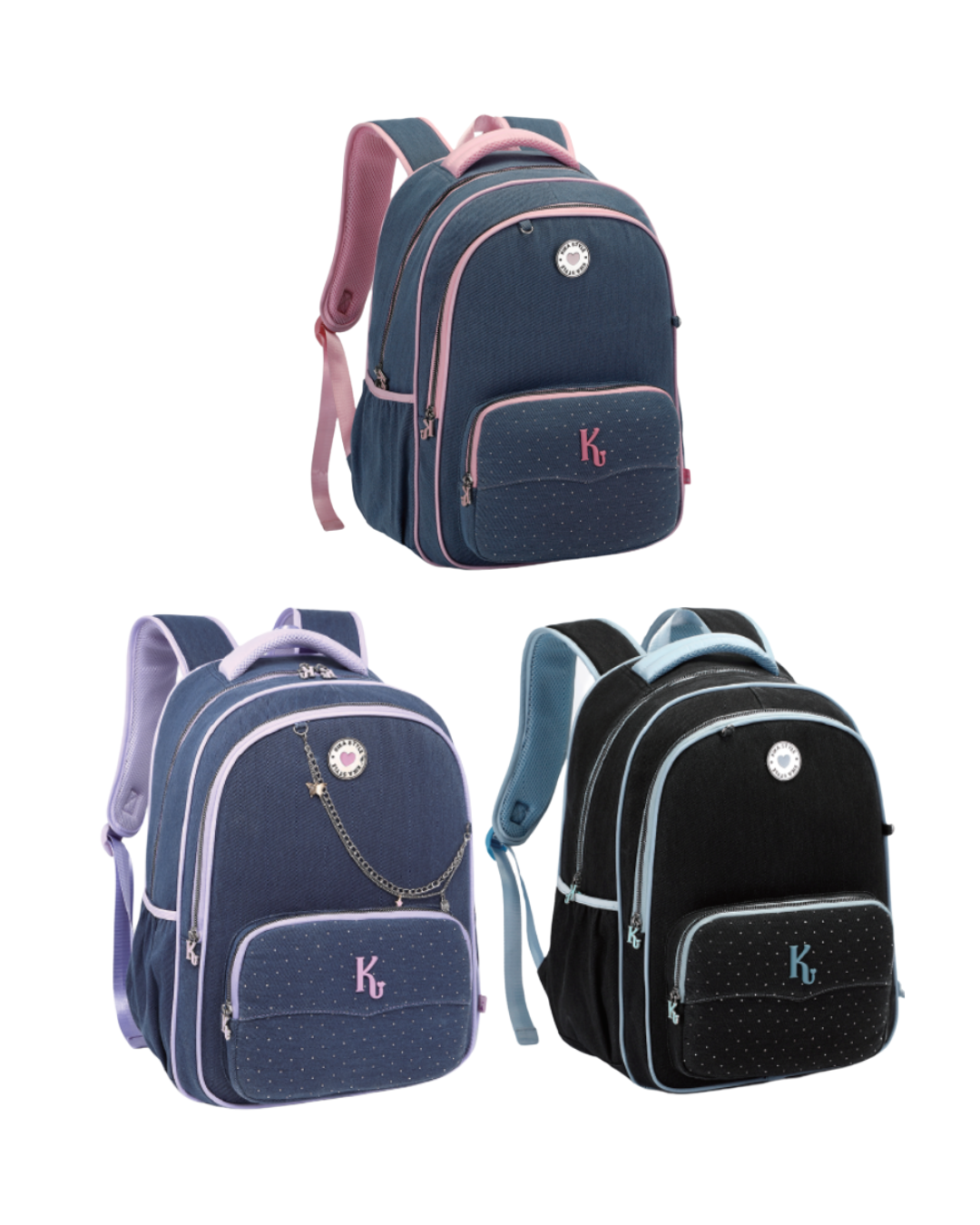 Mochila Jeans Kika Com Glitter Escolar KK2619-M