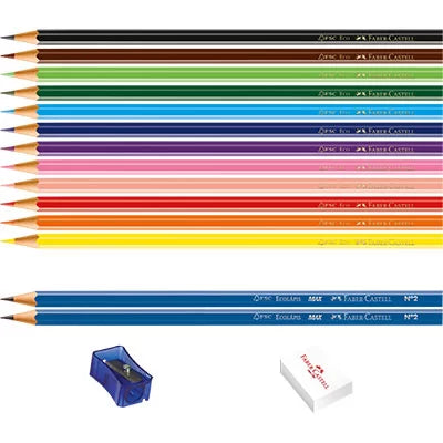 Lápis de Cor Faber-Castell 12 Cores, Kit com Apontador, Borracha e 2 EcoLápis Grafite