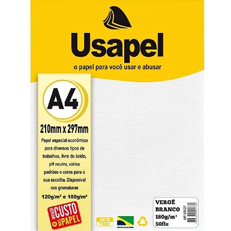 Papel Vergê A4 180gr Branco Usapel 50fls