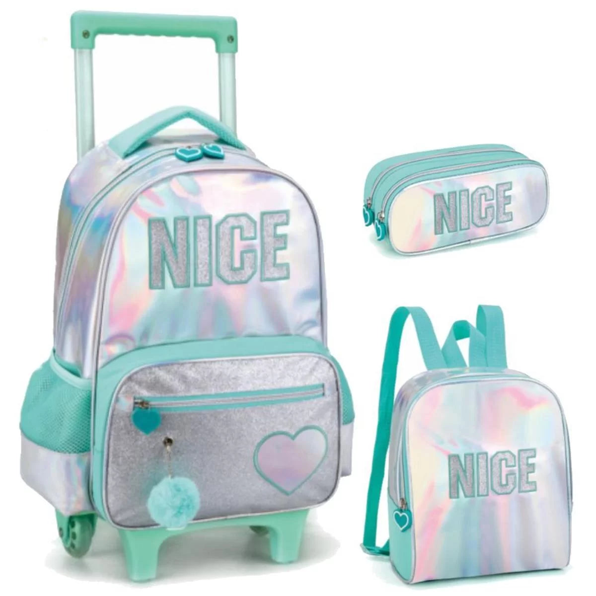 Kit Nova Rio Nice Holográfico Mochila, Lancheira e Estojo