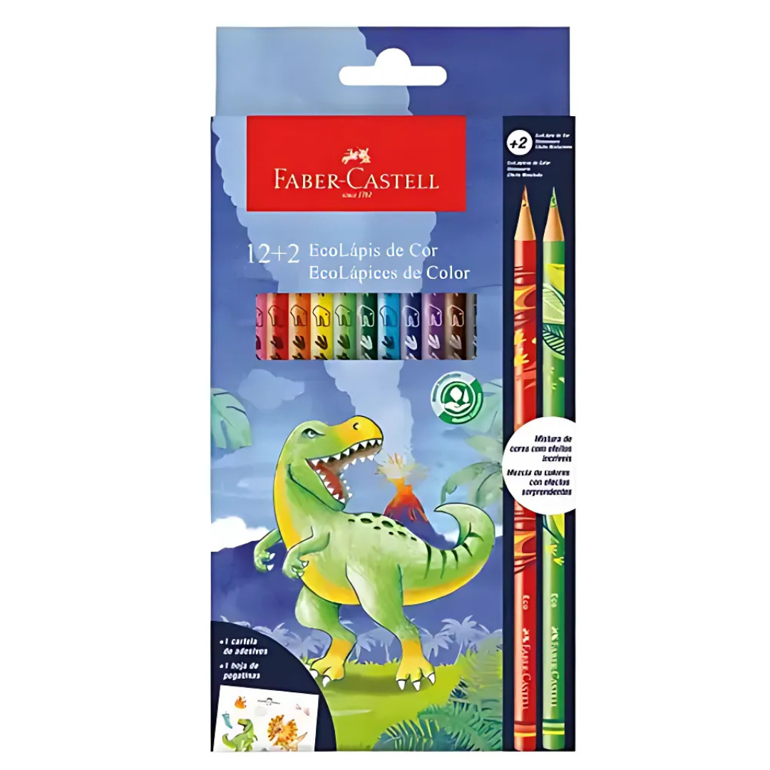 Lápis de Cor Faber-Castell 12 cores+ 2 Misturinha Dinossauro