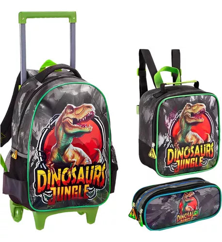 Kit Nova Rio Dinossauro Mochila Rodinha, Lancheira e Estojo