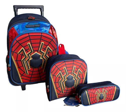 Kit Strange Hero Mochila Escolar 3d Rodinhas, Lancheira e Estojo