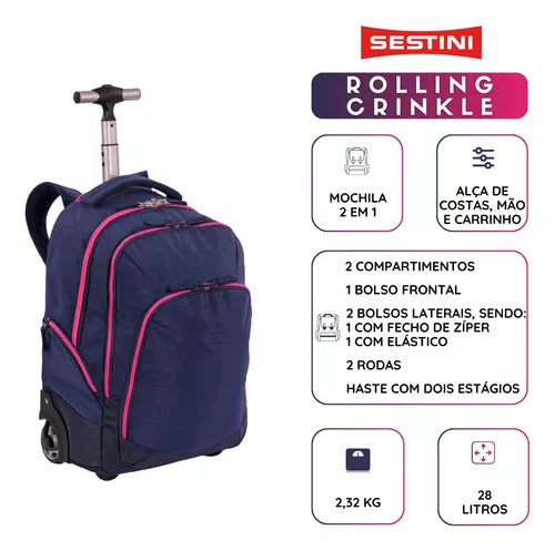 Mochila Carrinho 2 Compartimentos Sestini Rolling Grande Crinkle - Azul Neon