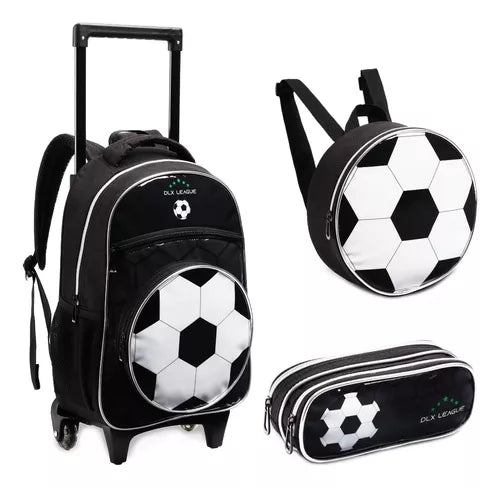 Kit Denlex Futebol Mochila Escolar com Rodinhas - 3 peças