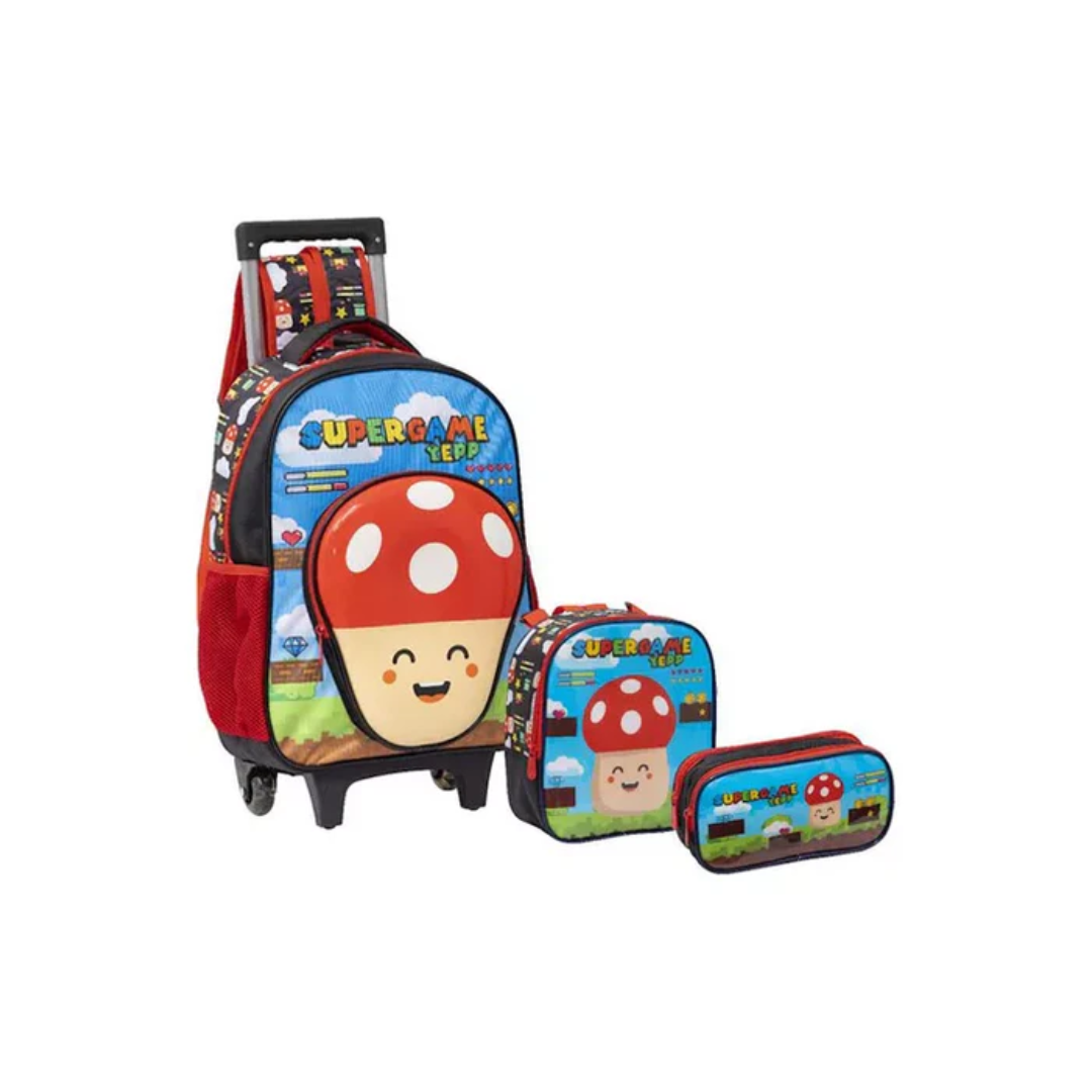 kit Yeep Mochila de Rodinha Cogumelo Super Game + Lancheira + Estojo