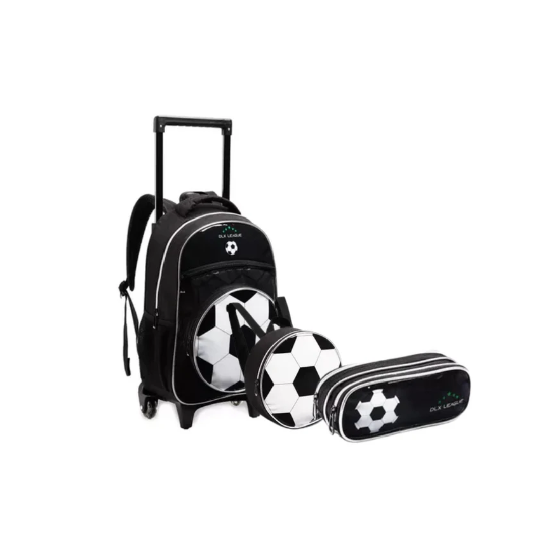 Kit Denlex Futebol Mochila Escolar com Rodinhas - 3 peças