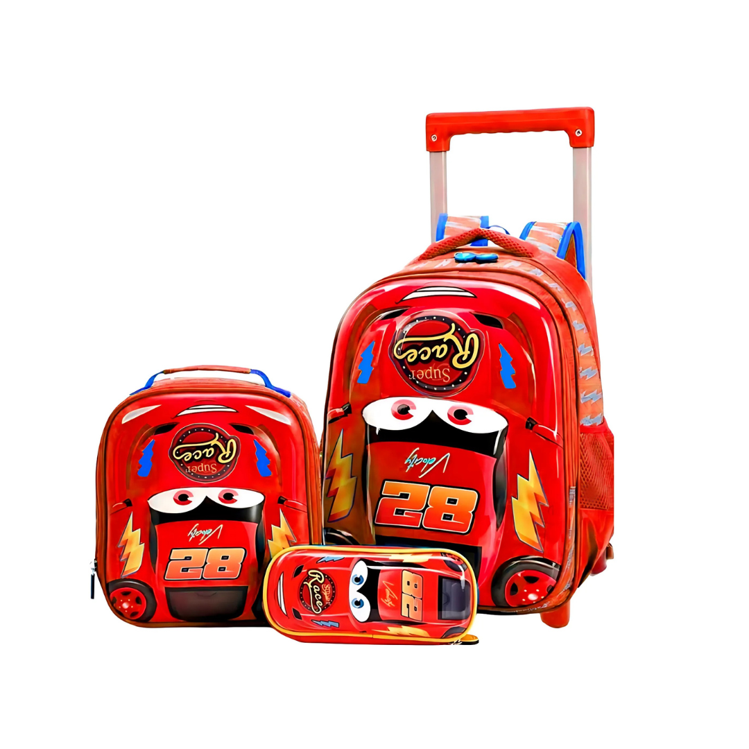 Kit Mochila Escolar Carros 3D 3 peças Ponto Verde