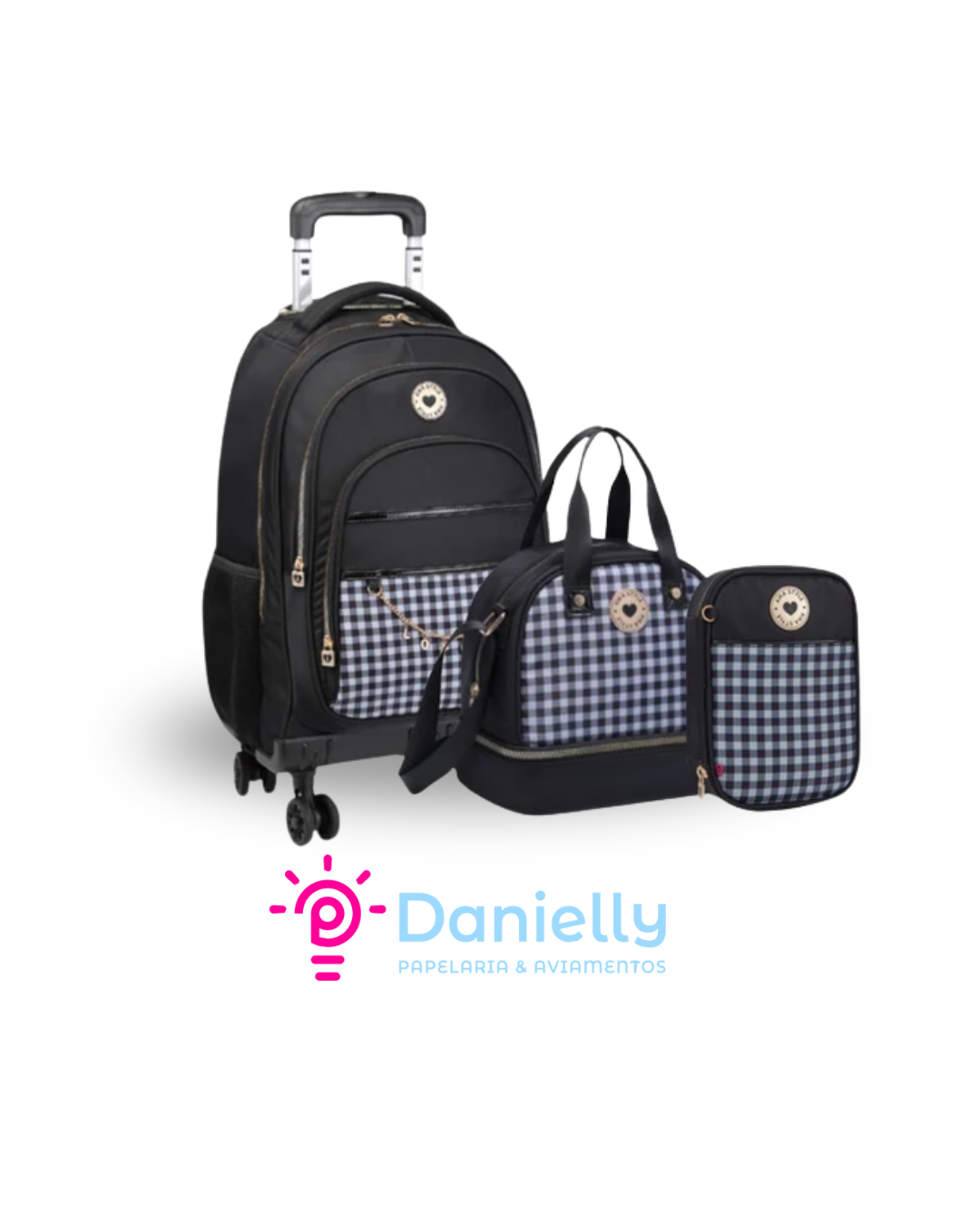 Kit Mochila Kika Preto Quadriculado KK2576