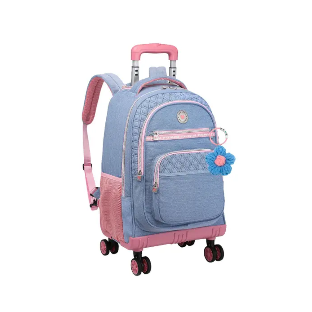 Mochila Kika 4 Rodinhas Jeans com Rosa KK2577