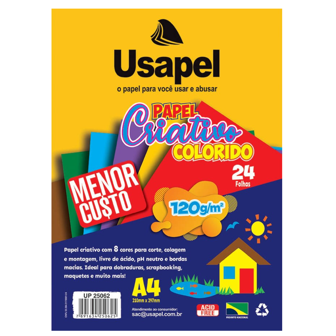 Papel Criativo Colorido 8 Cores 24 Folhas 120g Usapel