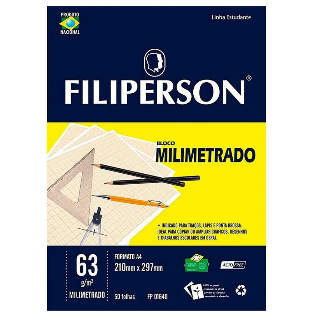 Bloco de Papel Milimetrado A4 63g 50 Folhas Filiperson