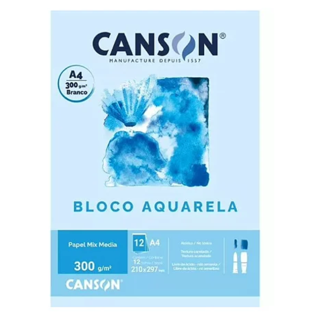 Bloco Desenho Aquarela A4 300g 12 folhas Branco Canson