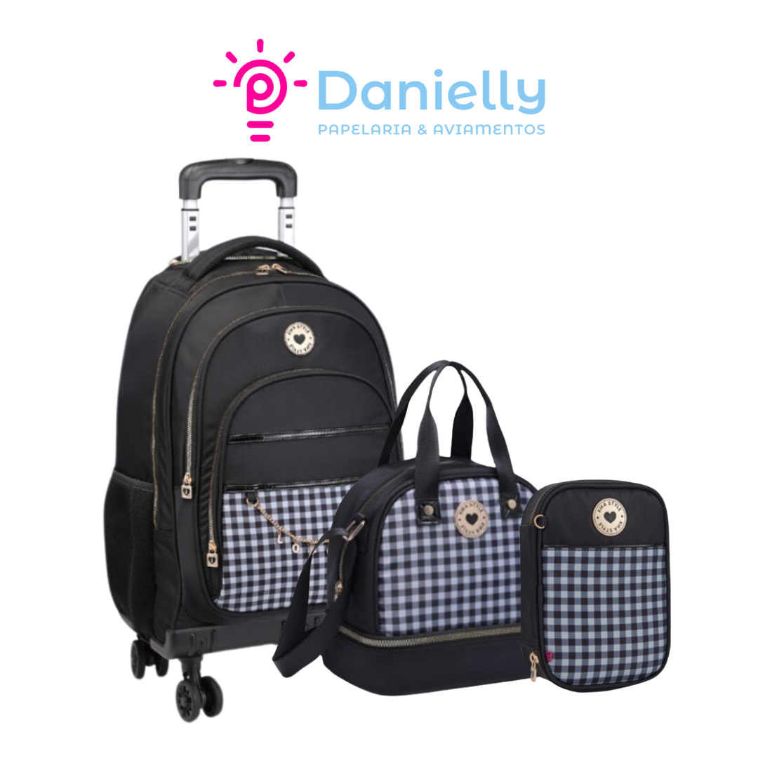 Kit Mochila Kika Preto Quadriculado KK2576