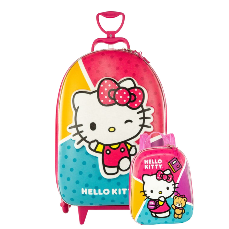 Kit Diplomata Hello Kitty Colorida Mochila com Rodas e Lancheira