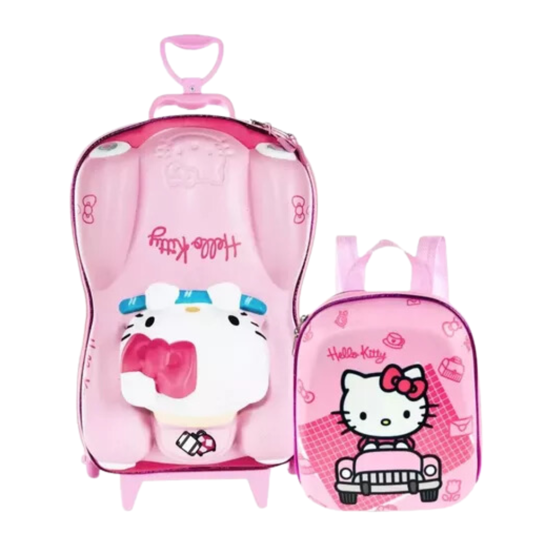 Kit Diplomata Hello Kitty Rosa Mochila com Rodas e Lancheira