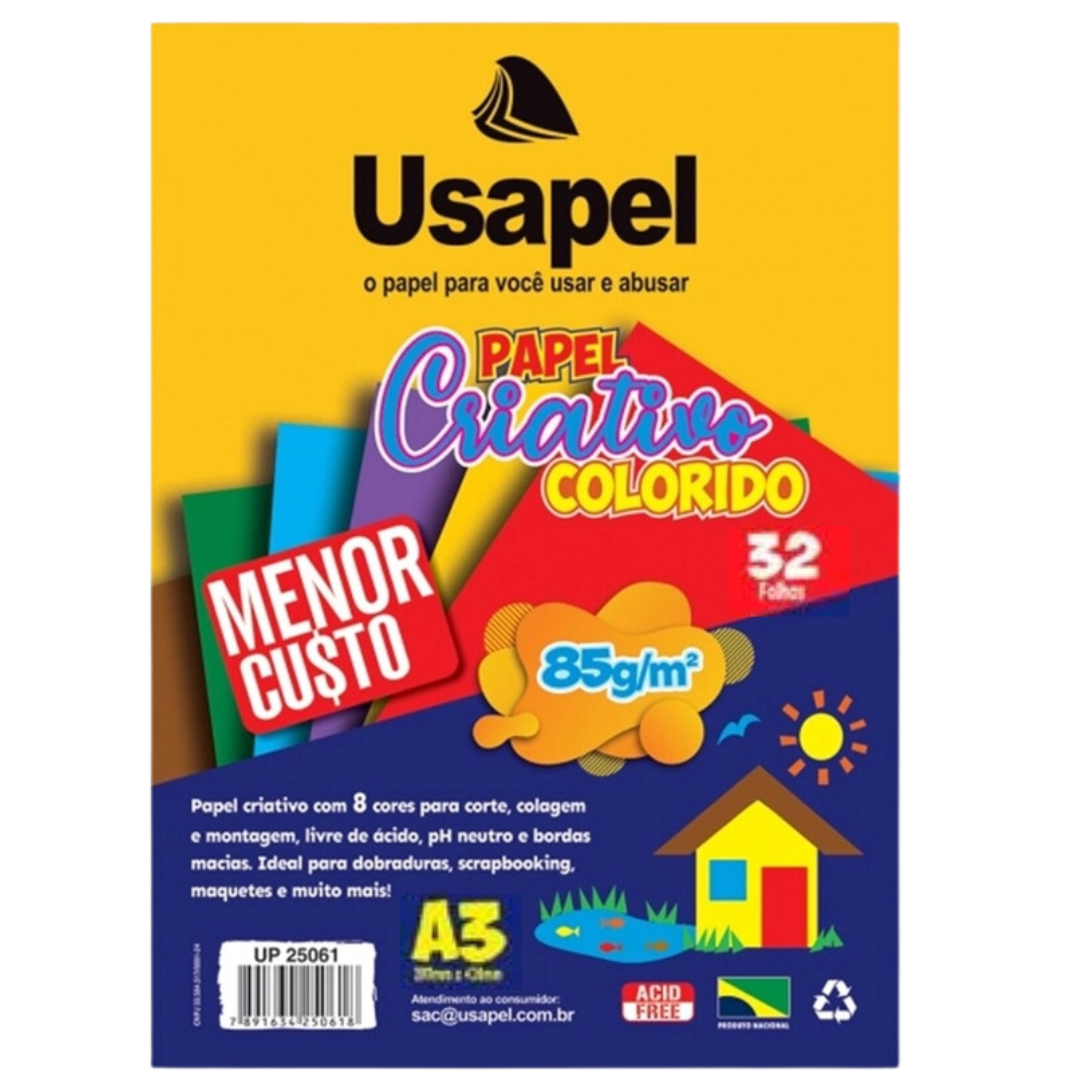 Papel Criativo Colorido A3 8 Cores 32 Folhas 85g Usapel