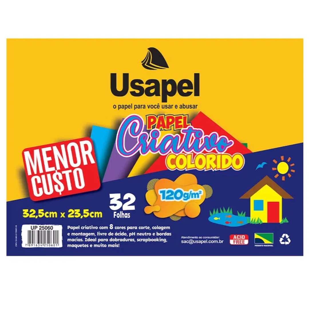 Papel Criativo Colorido 8 Cores 32 Folhas 120g Usapel