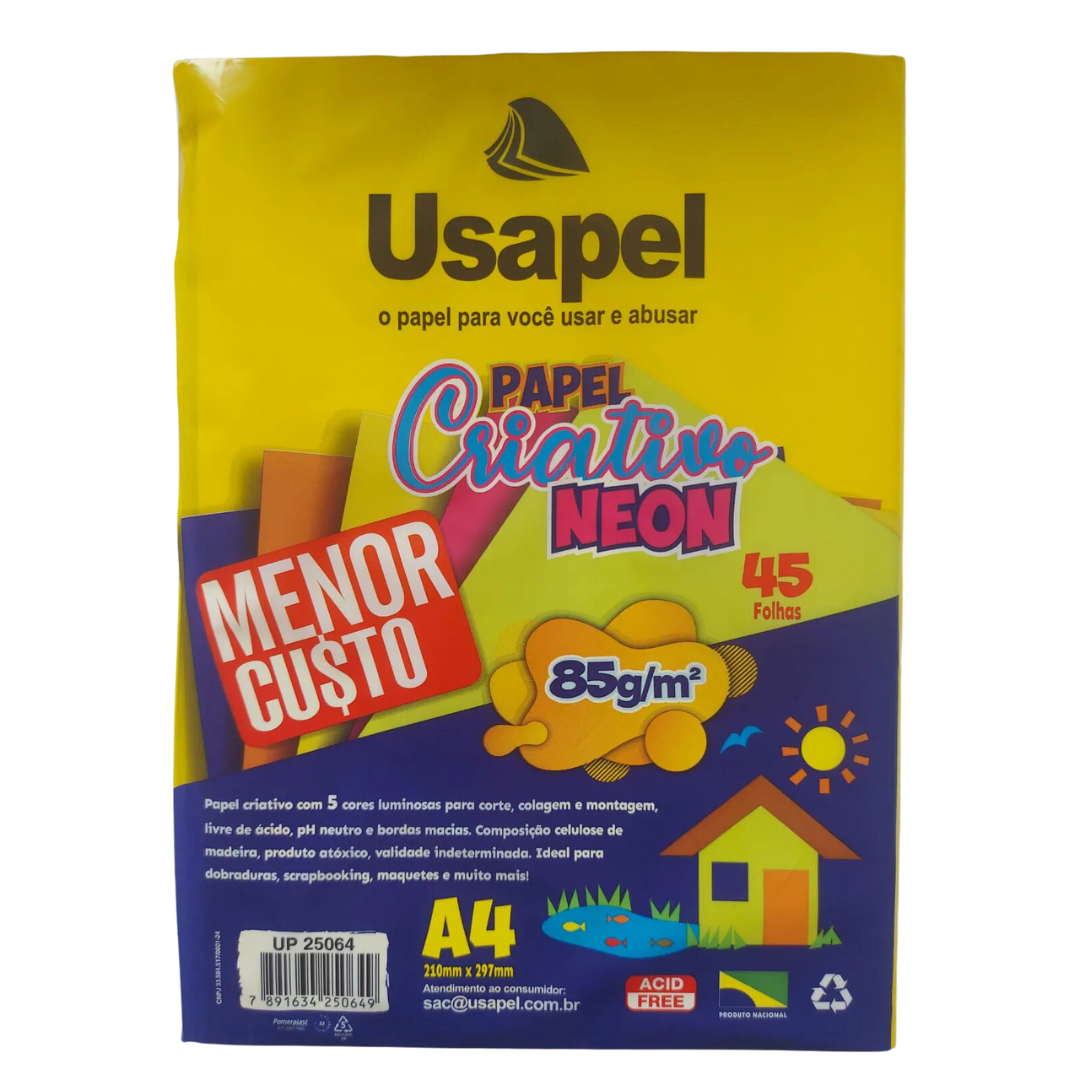 Papel Criativo Neon 5 cores 45 Folhas 85g Usapel