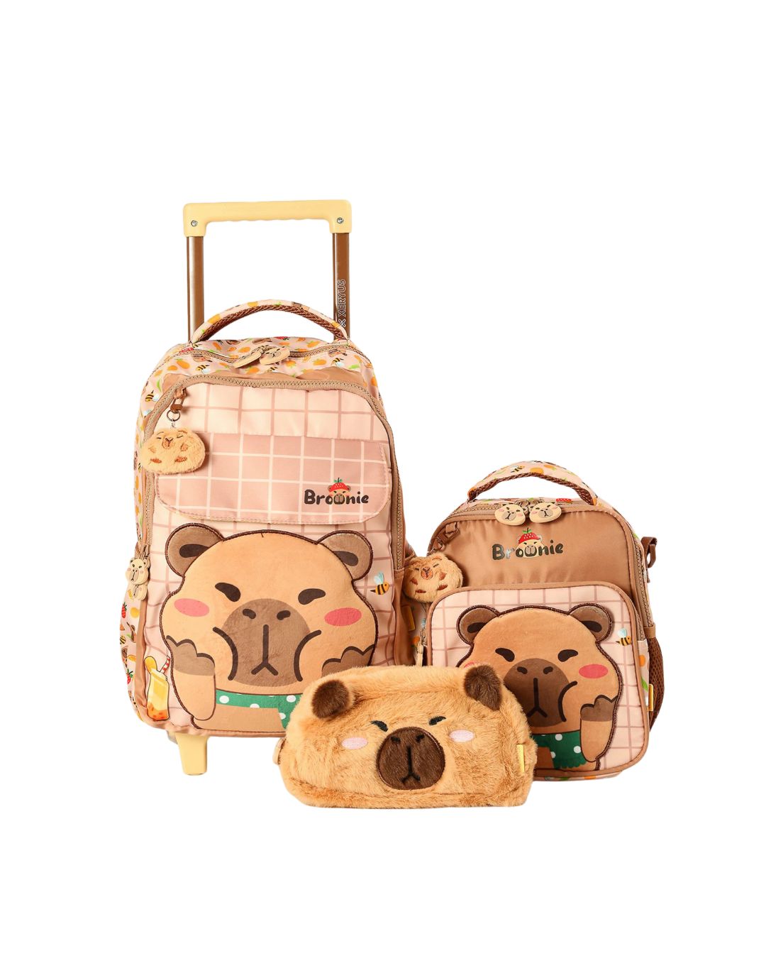 Kit Capivara Pelúcia Mochila, Lancheira e Estojo.