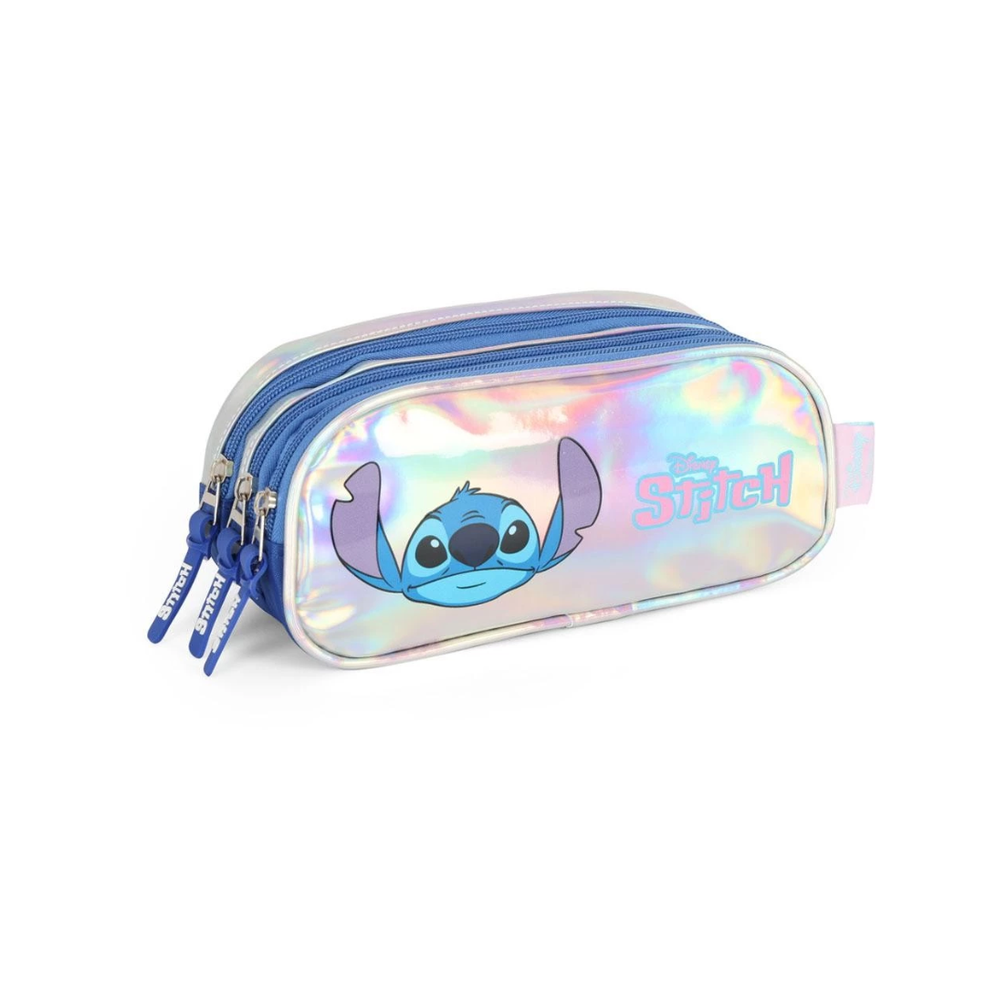 Estojo 3 Divisórias Escolar Stitch Holográfico Prata - Luxcel