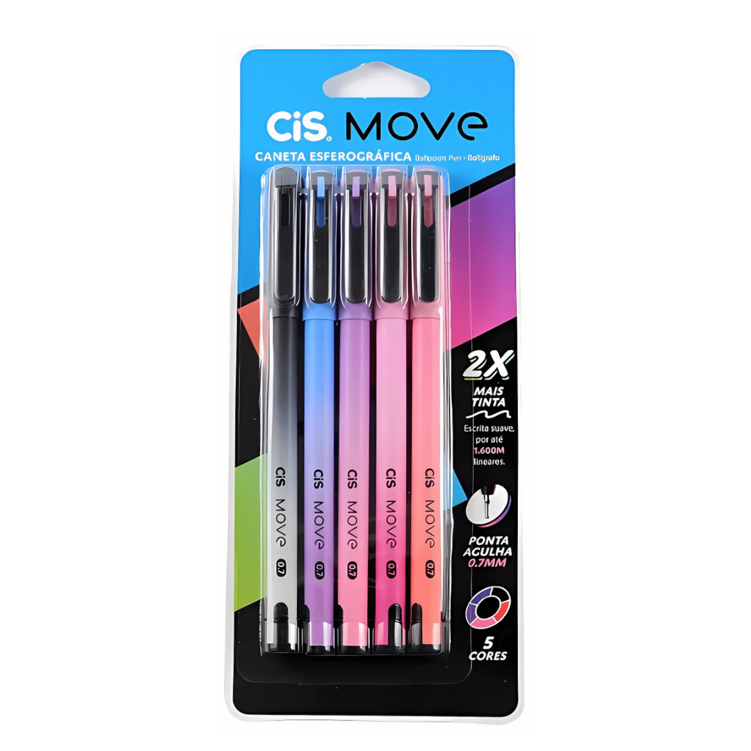 Kit Caneta Cis Move 5 cores Esferográfica