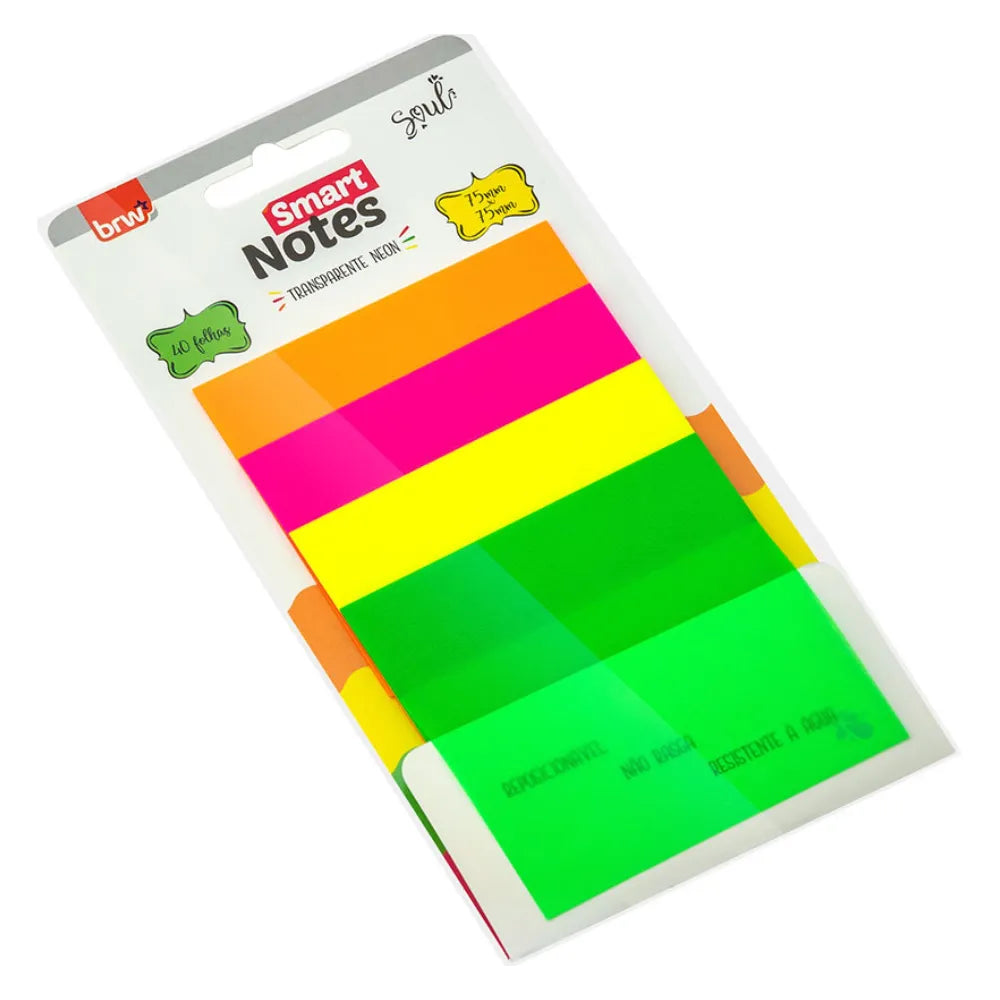 Bloco Adesivo Brw Smart Notes Transparente Neon 75x75mm