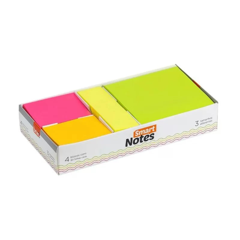 Bloco Adesivo Brw Smart Notes Com 4 Blocos de 80 Folhas Box Neon