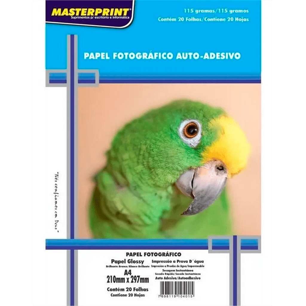 Papel Fotográfico A4 Glossy Adesivo 115g Masterprint 20 Folhas