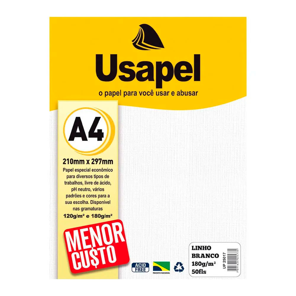 Papel Linho A4 180g Branco 50 Folhas Usapel