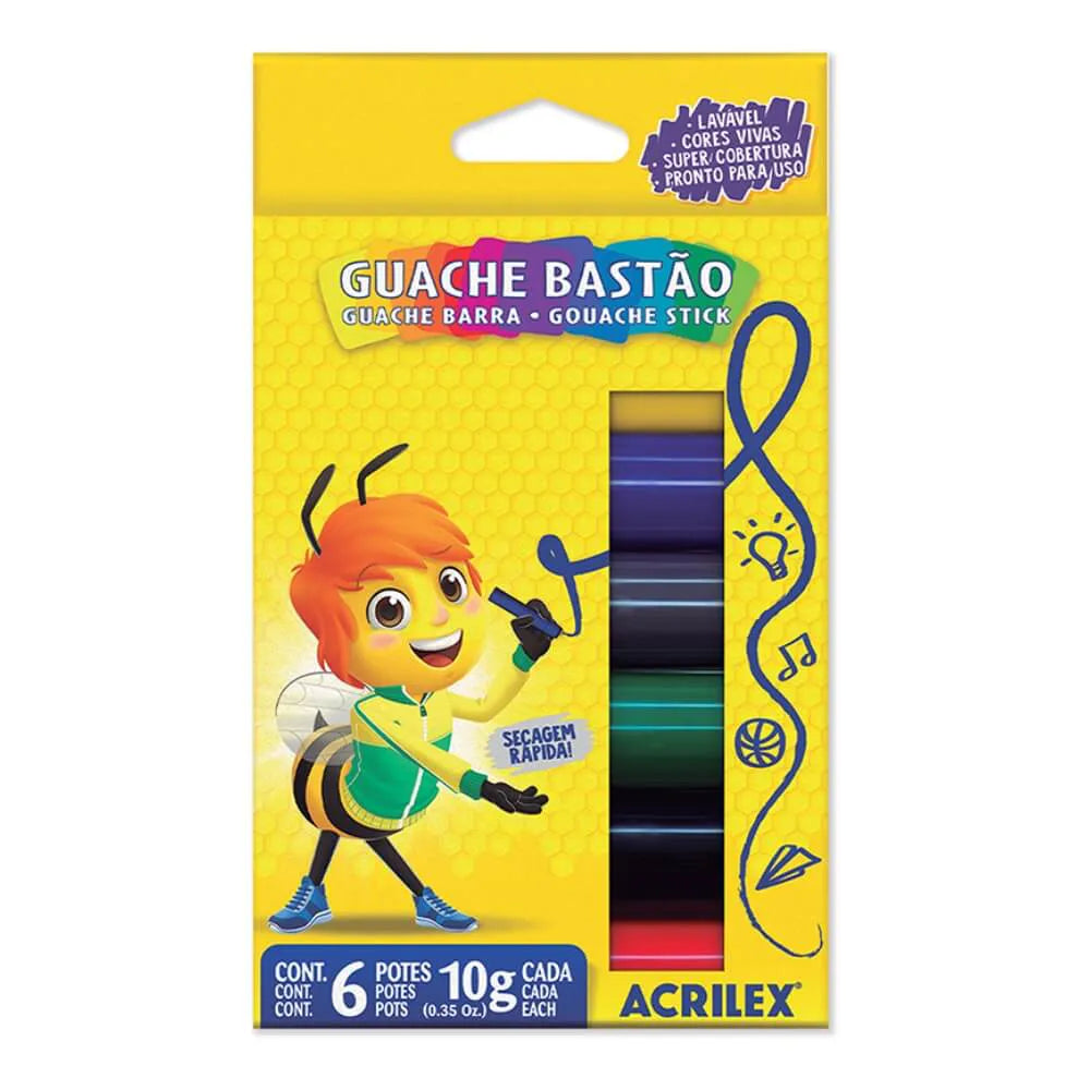 Tinta Guache em Bastão Cores Vivas Acrilex 6 cores