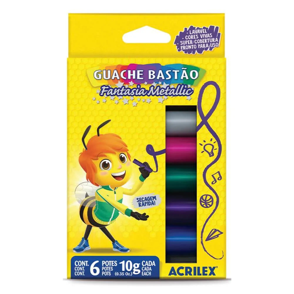 Tinta Guache em Bastão Fantasia Metallic Acrilex 6 cores